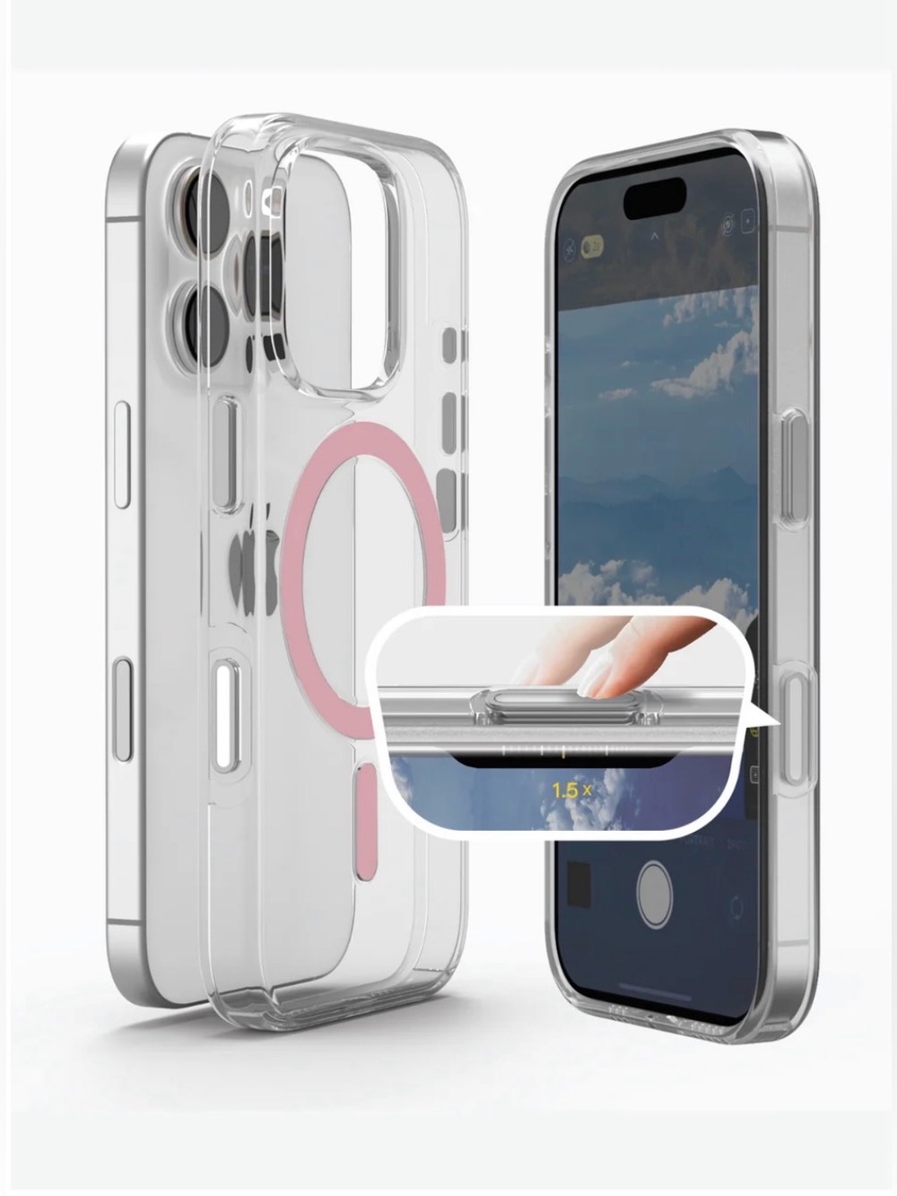 Clear Protective Phone Case with Pink Magnetic Ring I Phone 16 pro max New